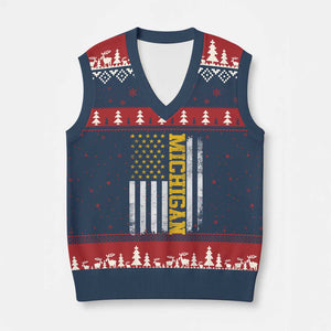 Michigan Pride V-Neck Knit Sweater Vest Vintage American Flag Distressed Varsity Aesthetic Letters MI State TS11 Navy Red Print Your Wear