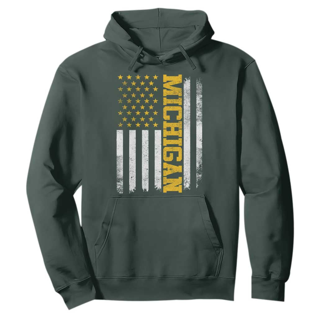 Michigan Pride Hoodie Vintage American Flag Distressed Varsity Aesthetic Letters MI State TS11 Dark Forest Green Print Your Wear