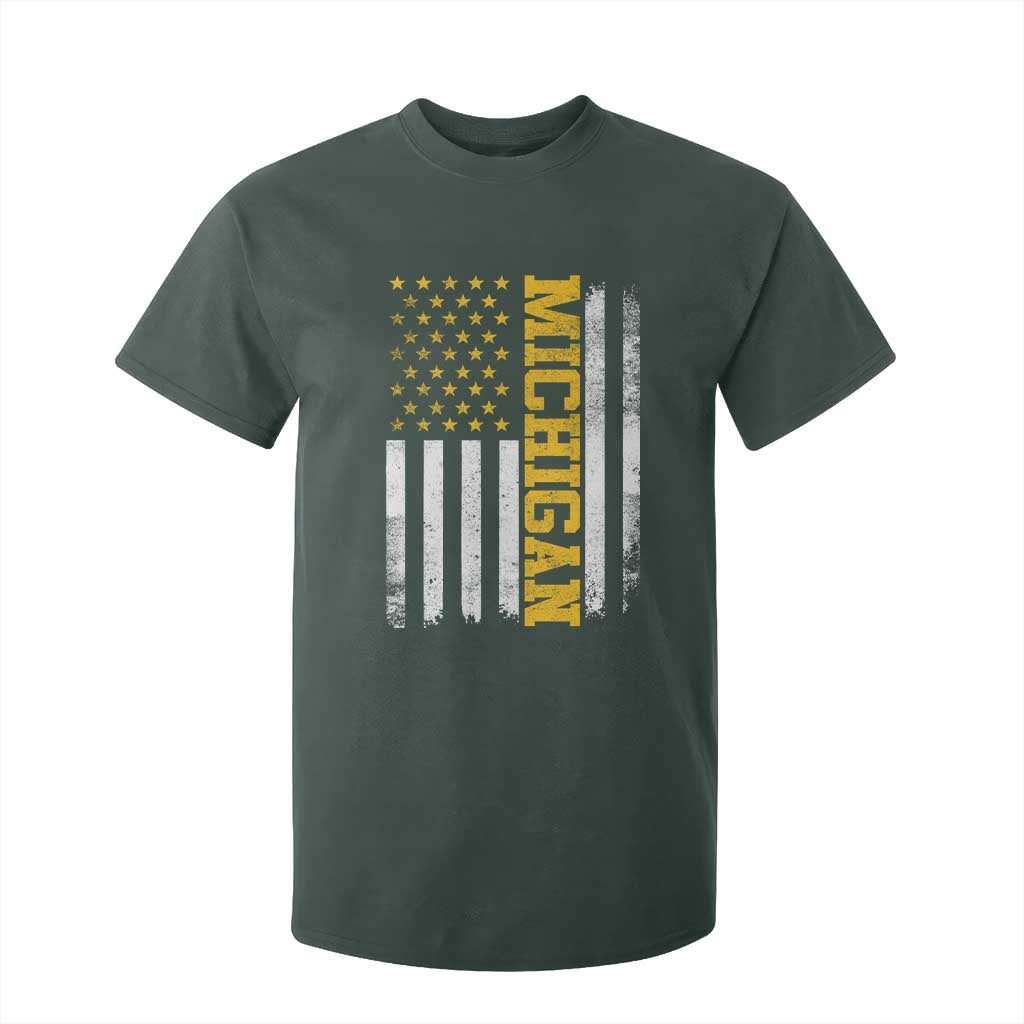 Michigan Pride T Shirt For Kid Vintage American Flag Distressed Varsity Aesthetic Letters MI State TS11 Dark Forest Green Print Your Wear