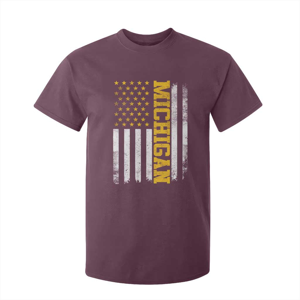 Michigan Pride T Shirt For Kid Vintage American Flag Distressed Varsity Aesthetic Letters MI State TS11 Maroon Print Your Wear