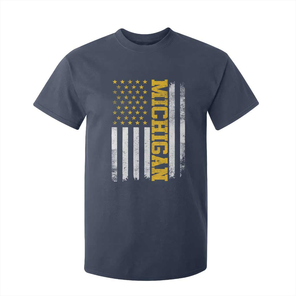 Michigan Pride T Shirt For Kid Vintage American Flag Distressed Varsity Aesthetic Letters MI State TS11 Navy Print Your Wear