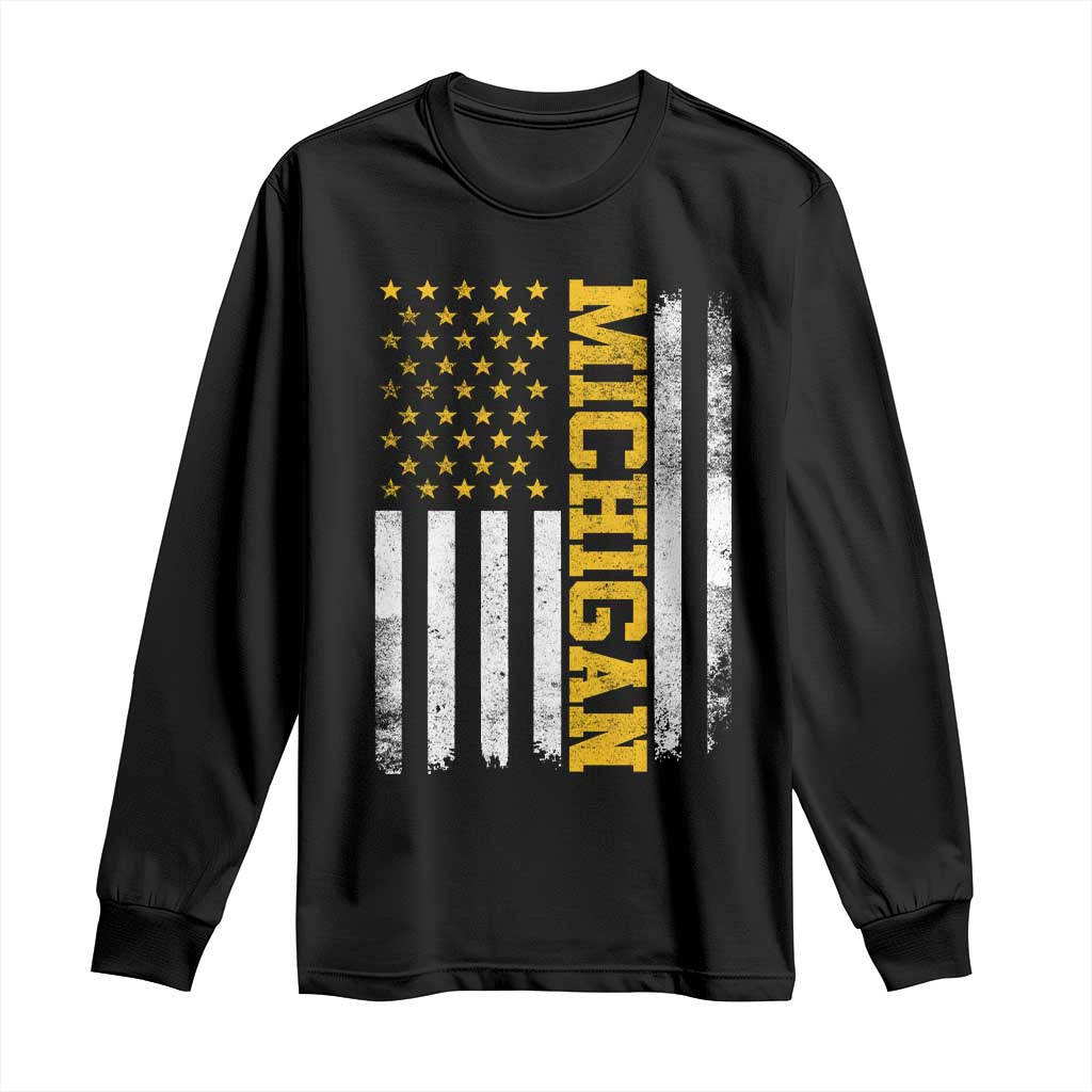 Michigan Pride Long Sleeve Shirt Vintage American Flag Distressed Varsity Aesthetic Letters MI State TS11 Black Print Your Wear