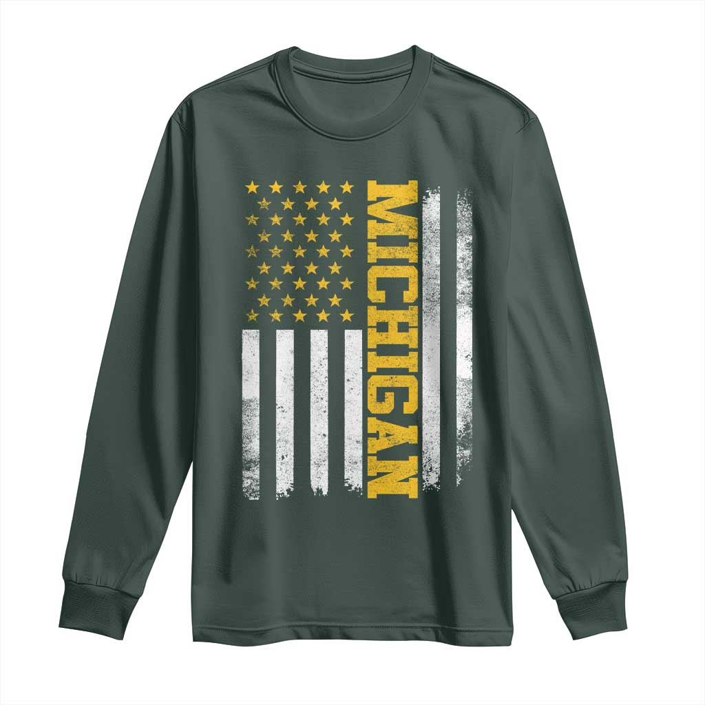 Michigan Pride Long Sleeve Shirt Vintage American Flag Distressed Varsity Aesthetic Letters MI State TS11 Dark Forest Green Print Your Wear