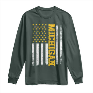Michigan Pride Long Sleeve Shirt Vintage American Flag Distressed Varsity Aesthetic Letters MI State TS11 Dark Forest Green Print Your Wear