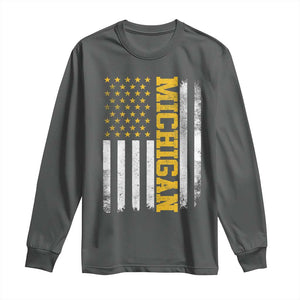 Michigan Pride Long Sleeve Shirt Vintage American Flag Distressed Varsity Aesthetic Letters MI State TS11 Dark Heather Print Your Wear