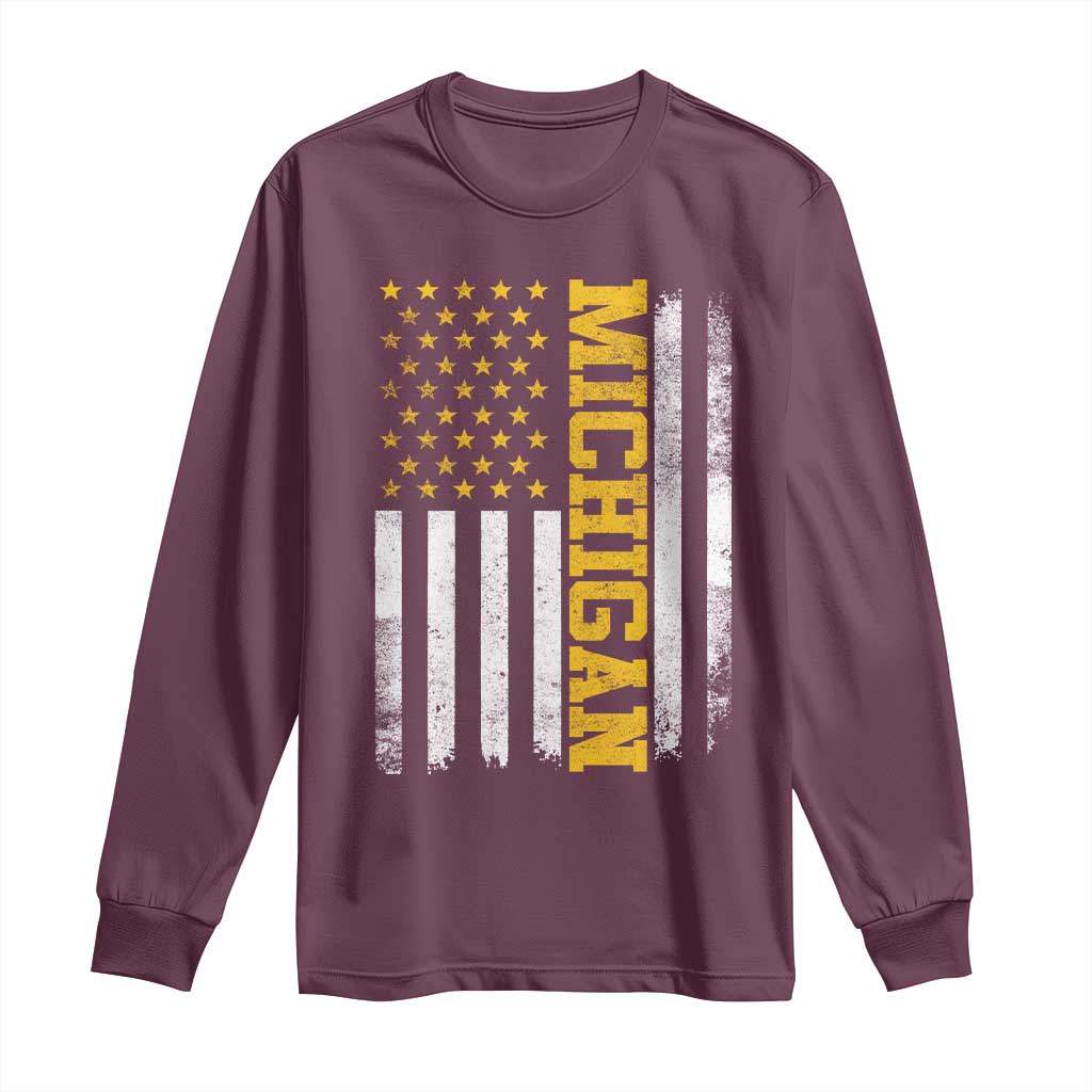 Michigan Pride Long Sleeve Shirt Vintage American Flag Distressed Varsity Aesthetic Letters MI State TS11 Maroon Print Your Wear