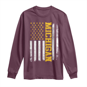 Michigan Pride Long Sleeve Shirt Vintage American Flag Distressed Varsity Aesthetic Letters MI State TS11 Maroon Print Your Wear