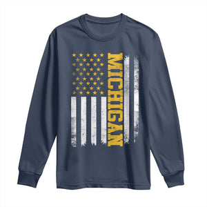 Michigan Pride Long Sleeve Shirt Vintage American Flag Distressed Varsity Aesthetic Letters MI State TS11 Navy Print Your Wear