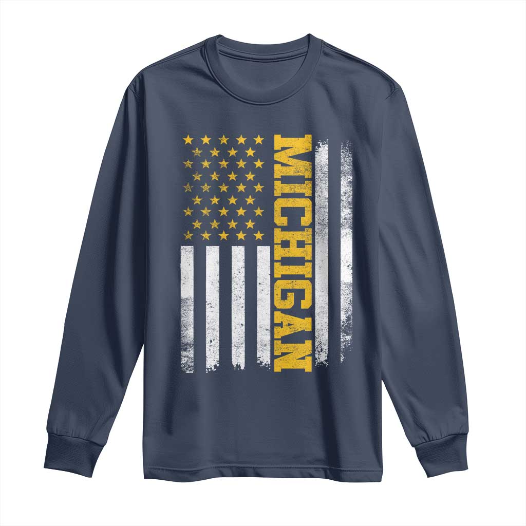 Michigan Pride Long Sleeve Shirt Vintage American Flag Distressed Varsity Aesthetic Letters MI State TS11 Navy Print Your Wear