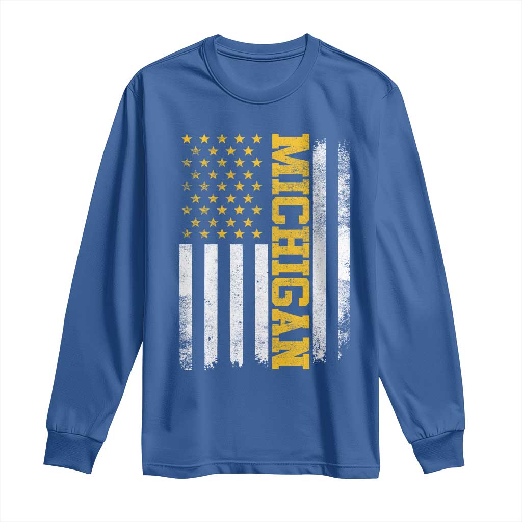 Michigan Pride Long Sleeve Shirt Vintage American Flag Distressed Varsity Aesthetic Letters MI State TS11 Royal Blue Print Your Wear