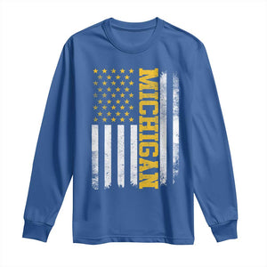 Michigan Pride Long Sleeve Shirt Vintage American Flag Distressed Varsity Aesthetic Letters MI State TS11 Royal Blue Print Your Wear