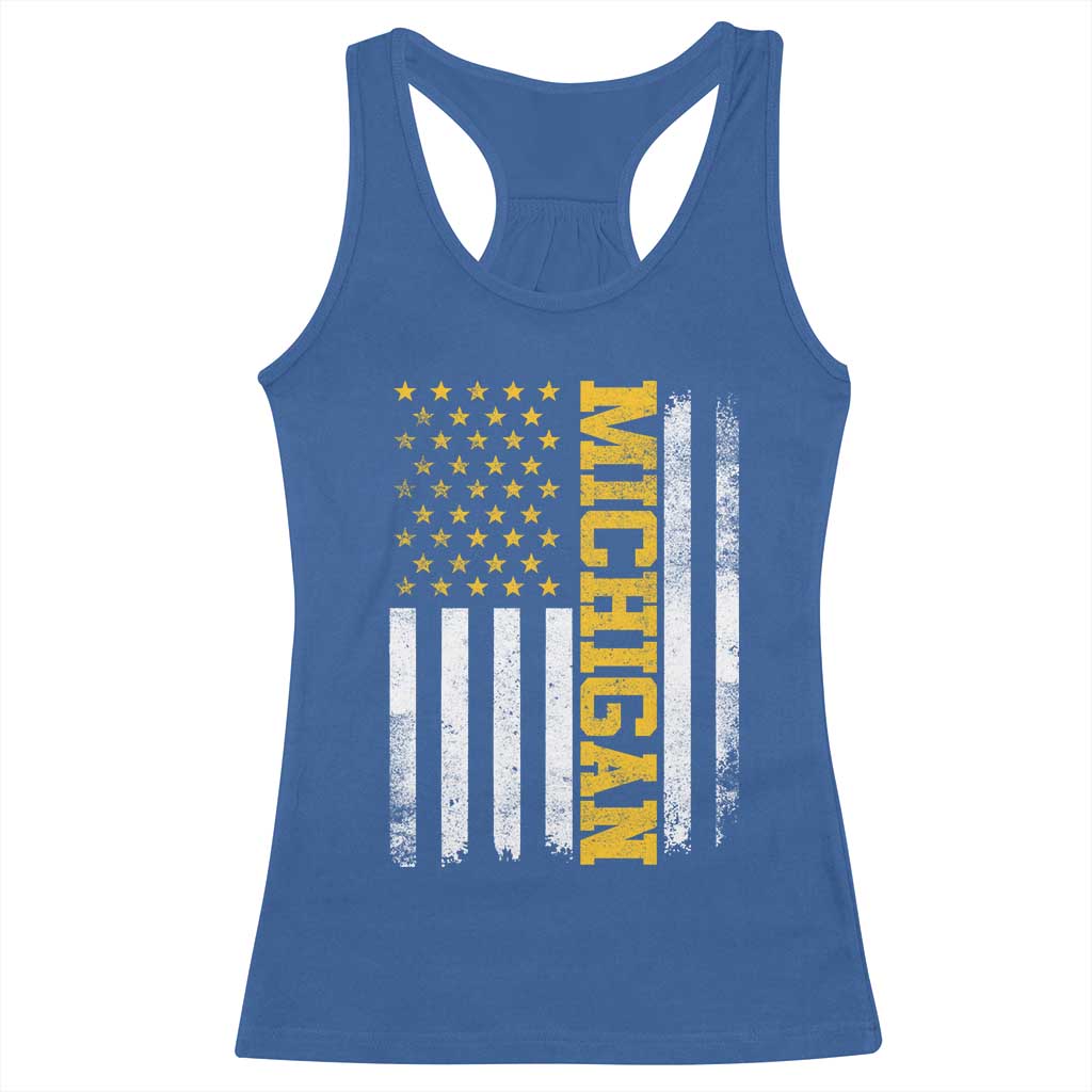 Michigan Pride Racerback Tank Top Vintage American Flag Distressed Varsity Aesthetic Letters MI State TS11 Royal Blue Print Your Wear