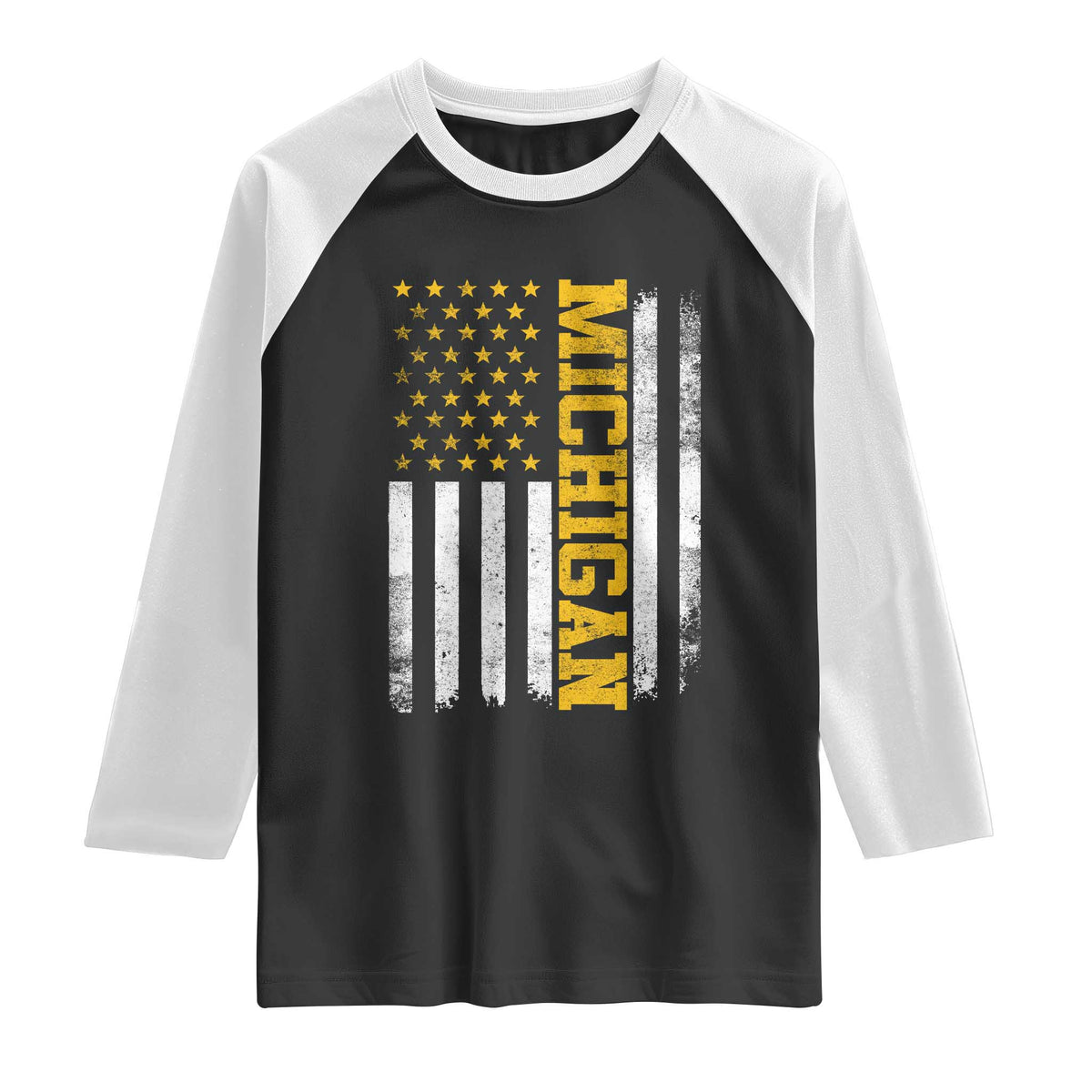 Michigan Pride Raglan Shirt Vintage American Flag Distressed Varsity Aesthetic Letters MI State TS11 Black White Print Your Wear