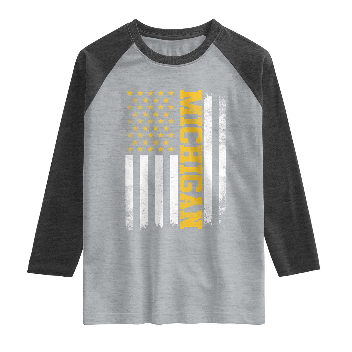 Michigan Pride Raglan Shirt Vintage American Flag Distressed Varsity Aesthetic Letters MI State TS11 Heather Gray Heather Charcoal Print Your Wear