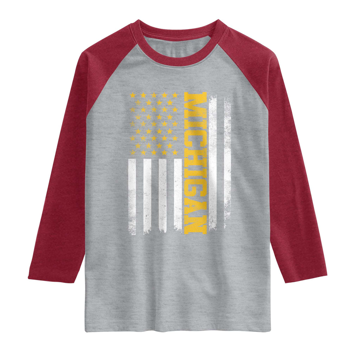 Michigan Pride Raglan Shirt Vintage American Flag Distressed Varsity Aesthetic Letters MI State TS11 Heather Gray Heather Red Print Your Wear
