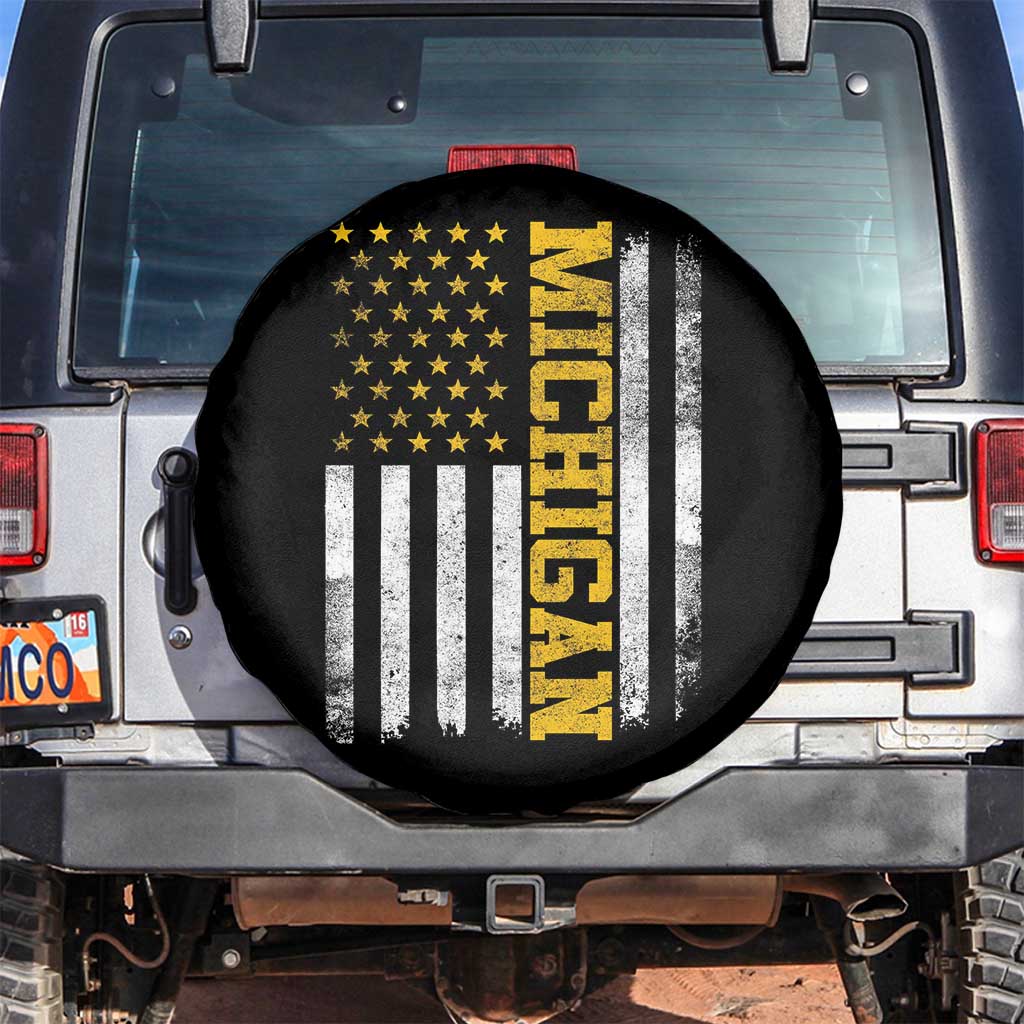 Michigan Pride Spare Tire Cover Vintage American Flag Distressed Varsity Aesthetic Letters MI State TS11 No hole Black Print Your Wear