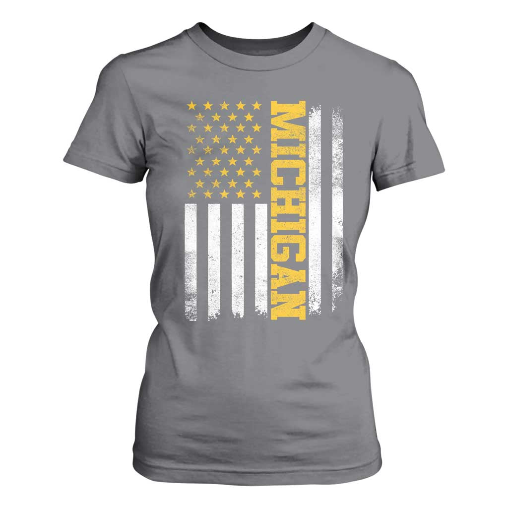 Michigan Pride T Shirt For Women Vintage American Flag Distressed Varsity Aesthetic Letters MI State TS11 Charcoal Print Your Wear