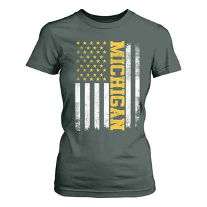 Michigan Pride T Shirt For Women Vintage American Flag Distressed Varsity Aesthetic Letters MI State TS11 Dark Forest Green Print Your Wear