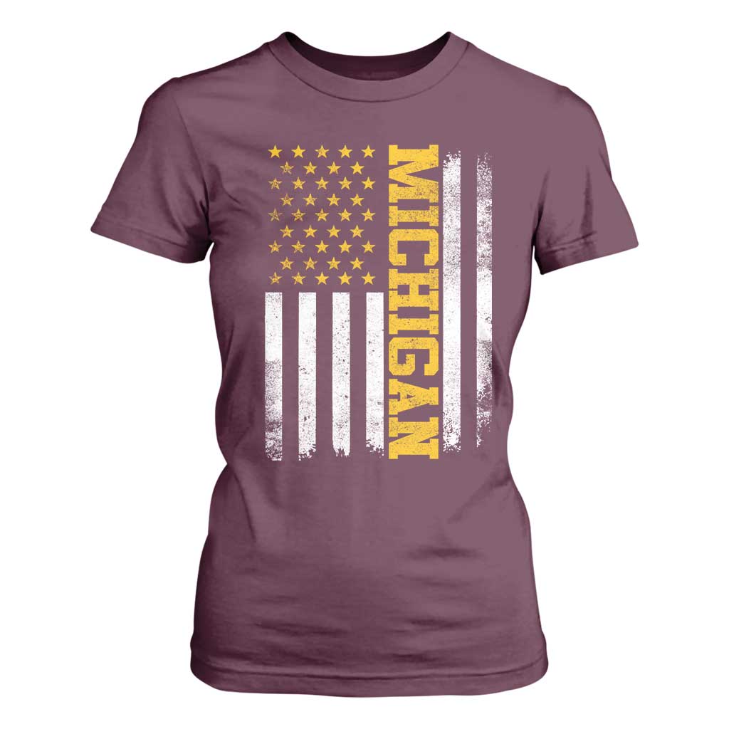 Michigan Pride T Shirt For Women Vintage American Flag Distressed Varsity Aesthetic Letters MI State TS11 Maroon Print Your Wear