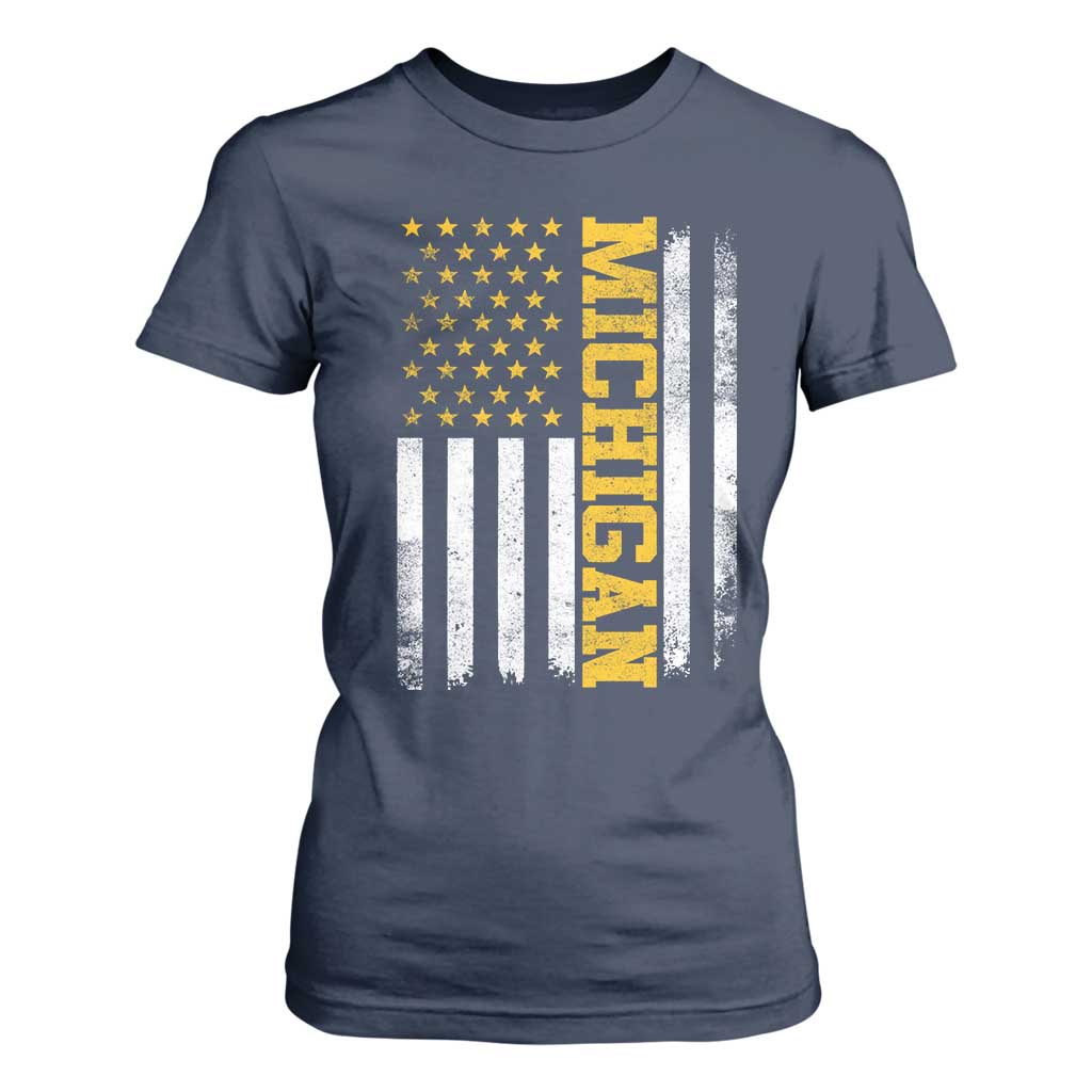 Michigan Pride T Shirt For Women Vintage American Flag Distressed Varsity Aesthetic Letters MI State TS11 Navy Print Your Wear