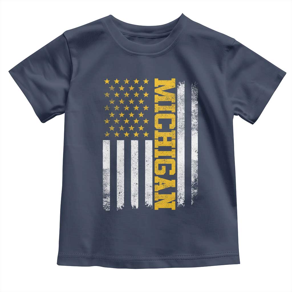 Michigan Pride Toddler T Shirt Vintage American Flag Distressed Varsity Aesthetic Letters MI State TS11 Navy Print Your Wear