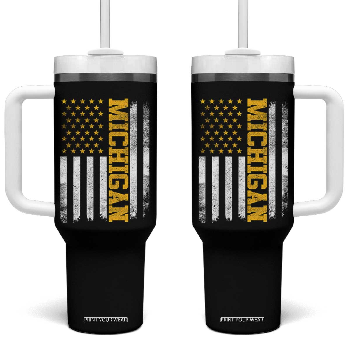 Michigan Pride Tumbler With Handle Vintage American Flag Distressed Varsity Aesthetic Letters MI State TS11 One Size: 40 oz Black Print Your Wear