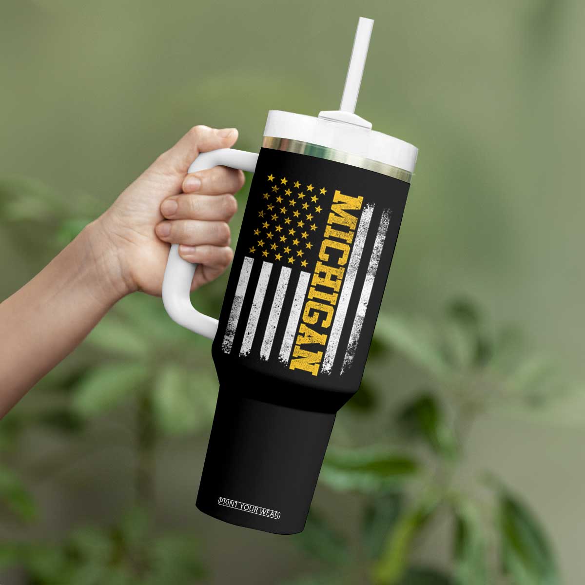 Michigan Pride Tumbler With Handle Vintage American Flag Distressed Varsity Aesthetic Letters MI State TS11 Print Your Wear