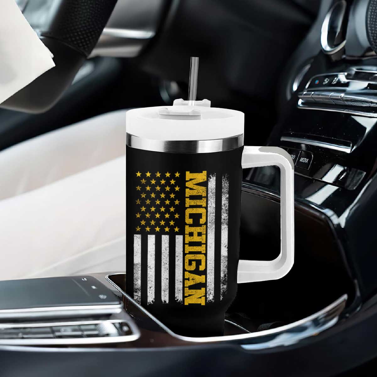 Michigan Pride Tumbler With Handle Vintage American Flag Distressed Varsity Aesthetic Letters MI State TS11 Print Your Wear