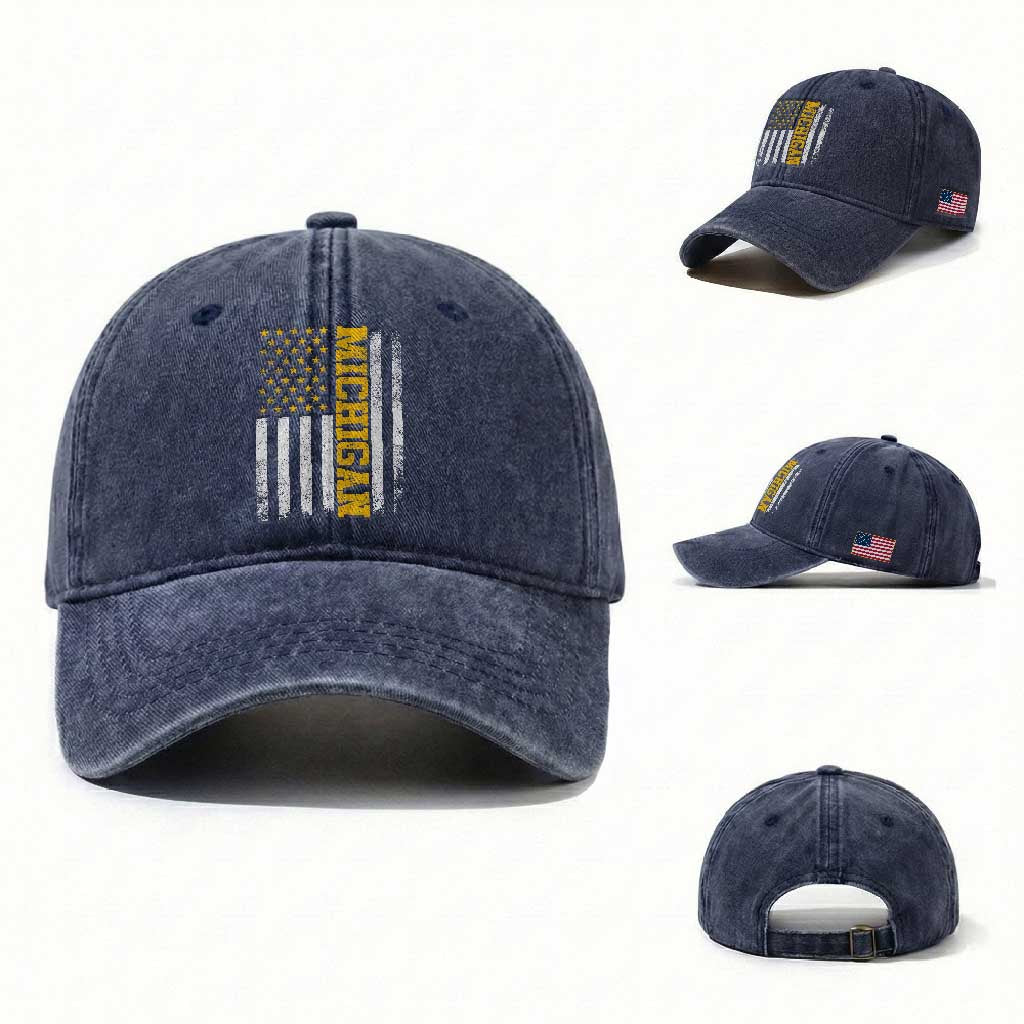 Michigan Pride Washed Cotton Baseball Cap Vintage American Flag Distressed Varsity Aesthetic Letters MI State TS11 Washed Cap Universal Fit Navy Print Your Wear