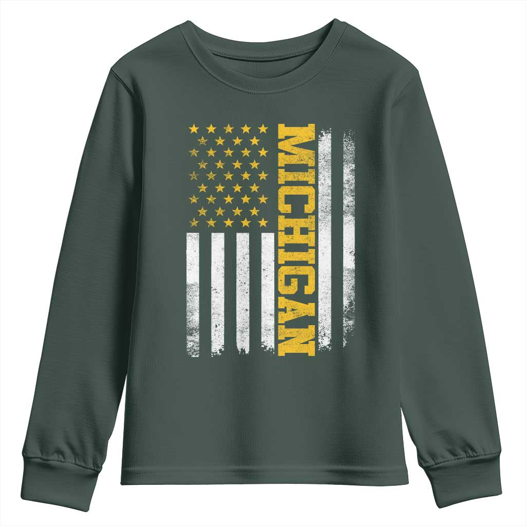 Michigan Pride Youth Sweatshirt Vintage American Flag Distressed Varsity Aesthetic Letters MI State TS11 Dark Forest Green Print Your Wear