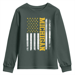 Michigan Pride Youth Sweatshirt Vintage American Flag Distressed Varsity Aesthetic Letters MI State TS11 Dark Forest Green Print Your Wear