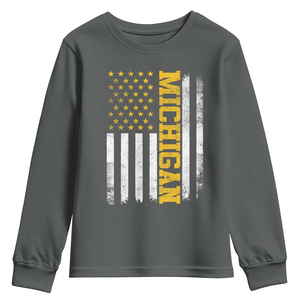 Michigan Pride Youth Sweatshirt Vintage American Flag Distressed Varsity Aesthetic Letters MI State TS11 Dark Heather Print Your Wear