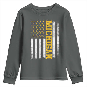 Michigan Pride Youth Sweatshirt Vintage American Flag Distressed Varsity Aesthetic Letters MI State TS11 Dark Heather Print Your Wear