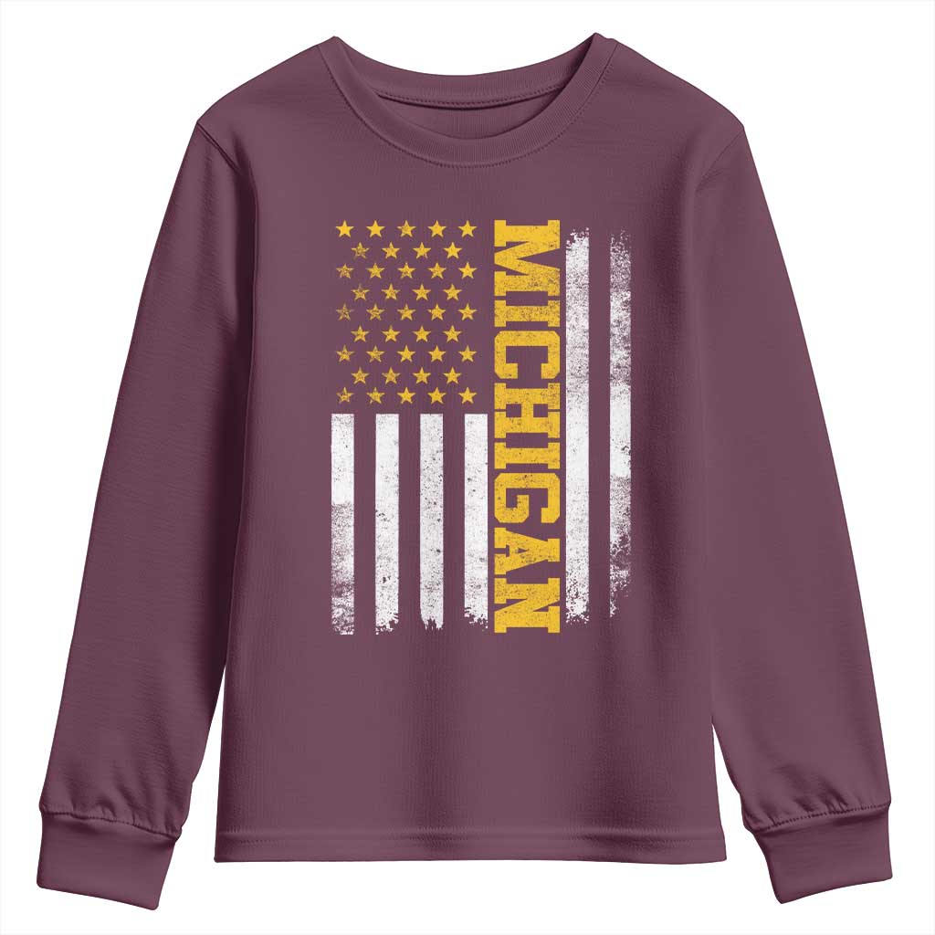 Michigan Pride Youth Sweatshirt Vintage American Flag Distressed Varsity Aesthetic Letters MI State TS11 Maroon Print Your Wear