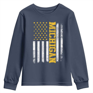 Michigan Pride Youth Sweatshirt Vintage American Flag Distressed Varsity Aesthetic Letters MI State TS11 Navy Print Your Wear