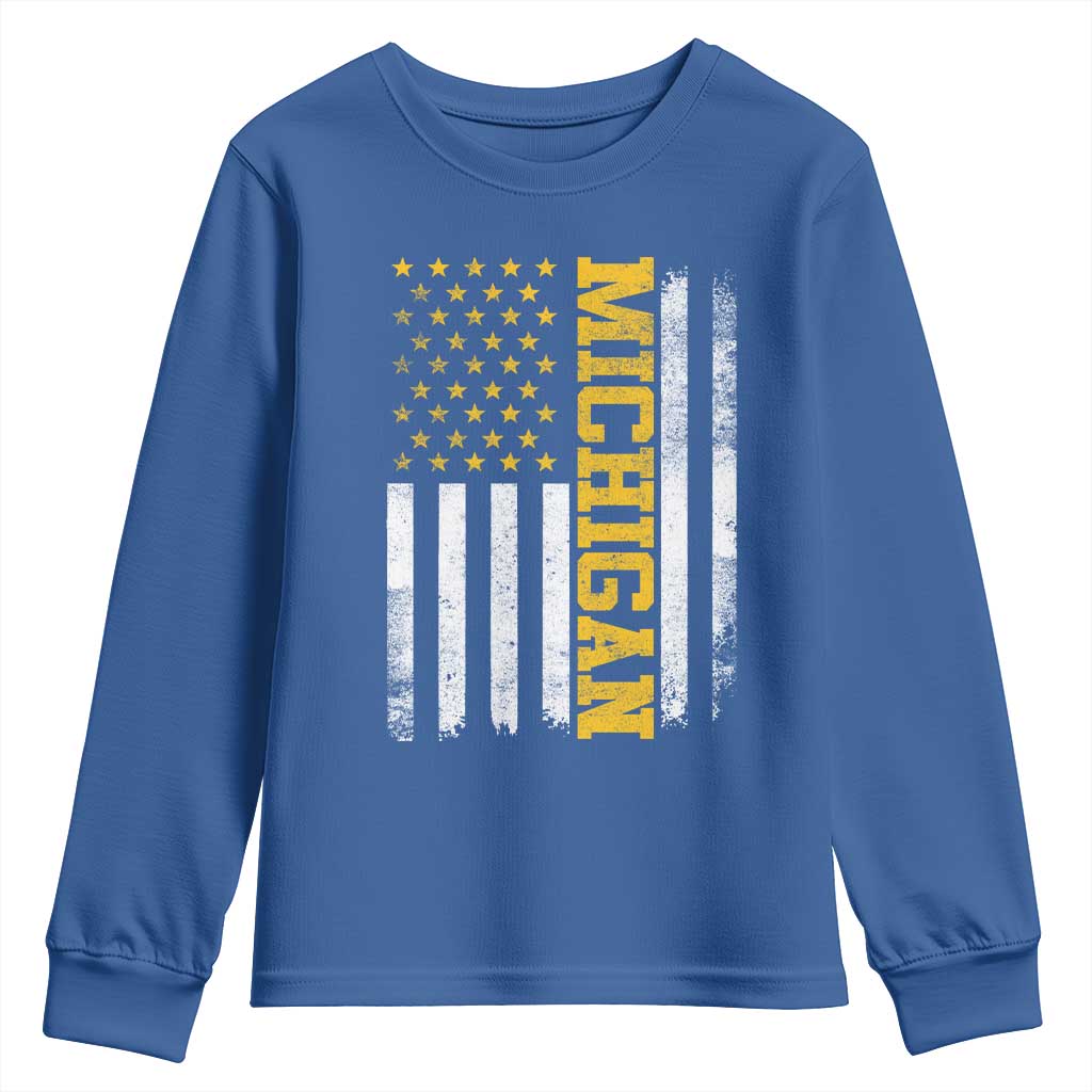 Michigan Pride Youth Sweatshirt Vintage American Flag Distressed Varsity Aesthetic Letters MI State TS11 Royal Blue Print Your Wear