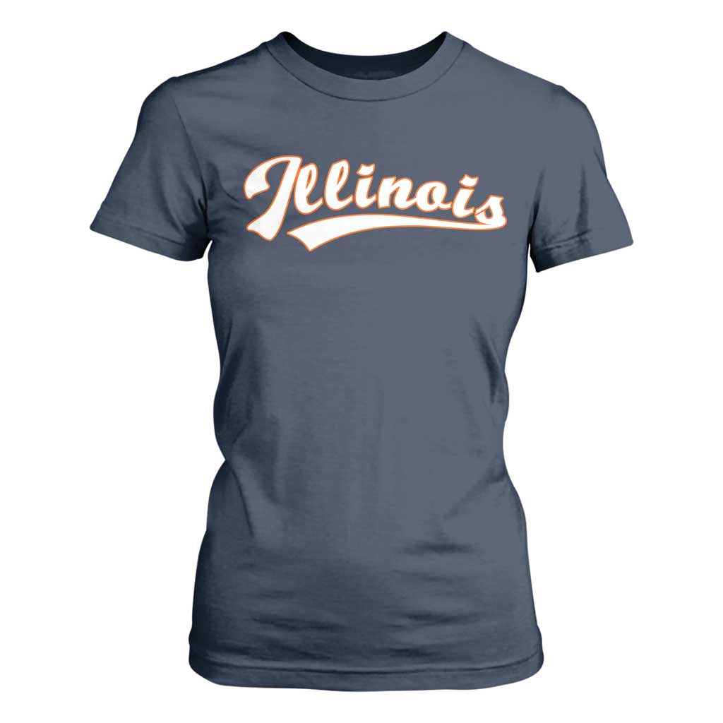 Illinois Vintage Orange Varsity Script Text Classic Sports Jersey Style T Shirt For Women TS11 Navy Print Your Wear