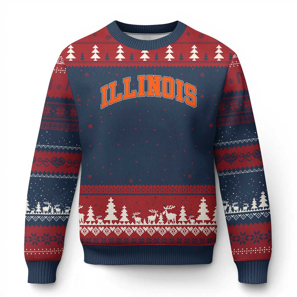 Illinois Sports Fan Ugly Christmas Sweater Vintage Orange Blue Throwback Text IL State TS11 Navy Red Print Your Wear