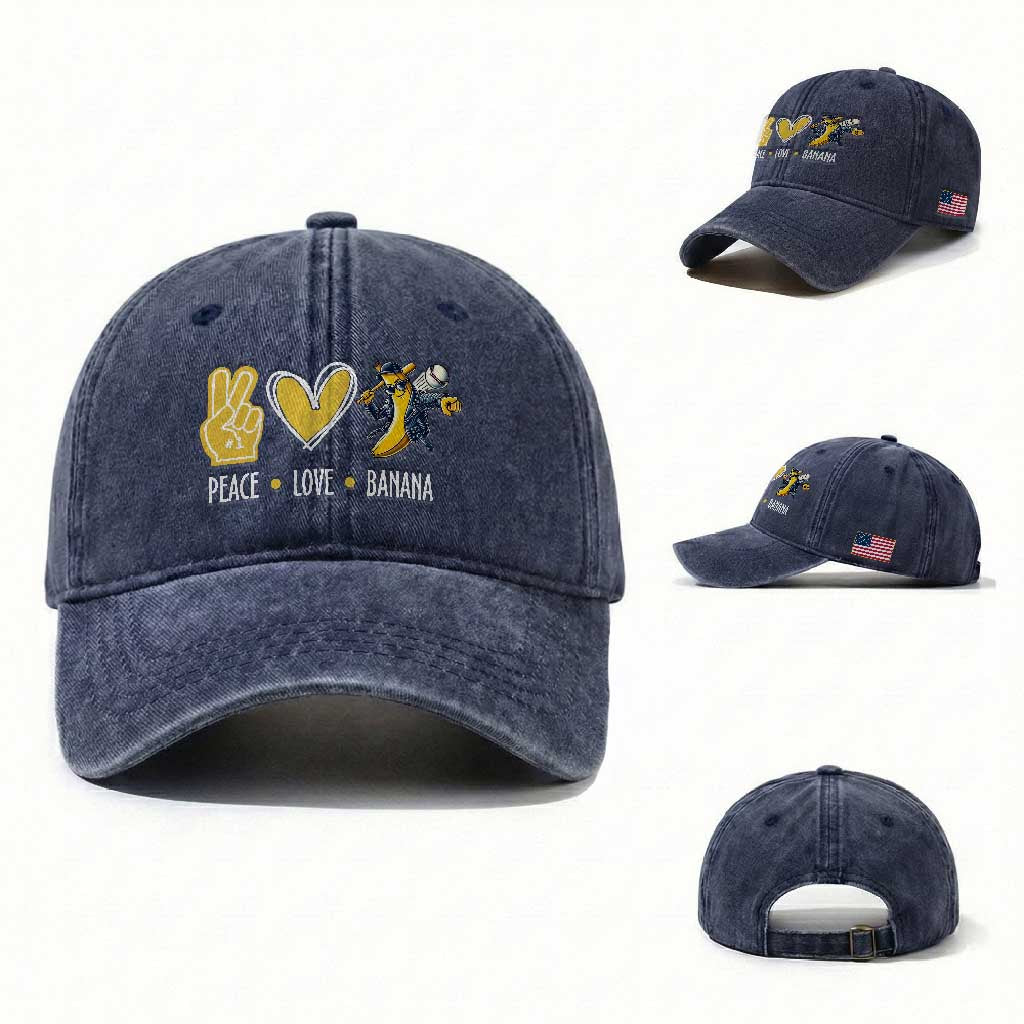 Funny Peace Love Banana Washed Cotton Baseball Cap Cute Banana Peace Sign Heart TS11 Washed Cap Universal Fit Navy Print Your Wear