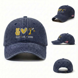 Funny Peace Love Banana Washed Cotton Baseball Cap Cute Banana Peace Sign Heart TS11 Washed Cap Universal Fit Navy Print Your Wear