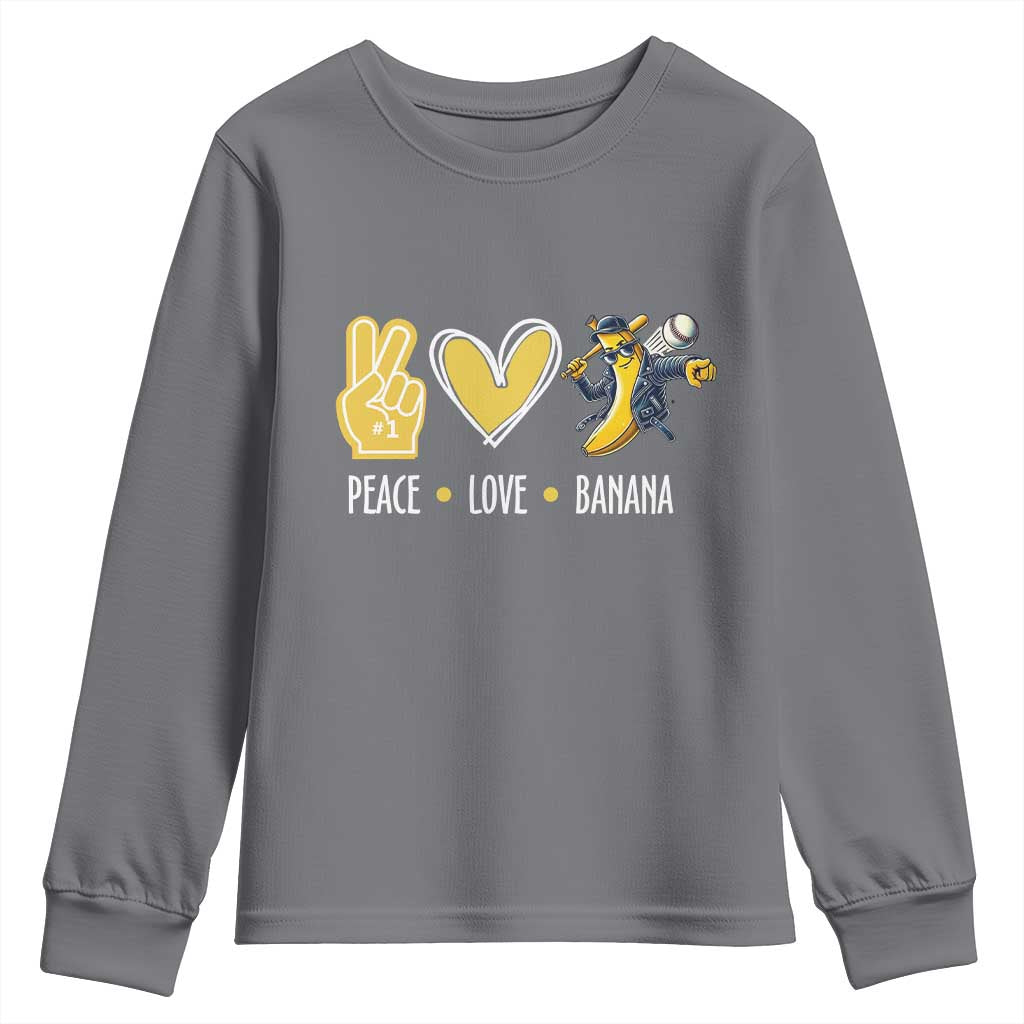 Funny Peace Love Banana Youth Sweatshirt Cute Banana Peace Sign Heart TS11 Charcoal Print Your Wear