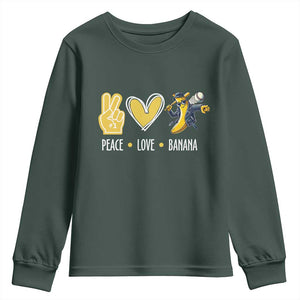 Funny Peace Love Banana Youth Sweatshirt Cute Banana Peace Sign Heart TS11 Dark Forest Green Print Your Wear