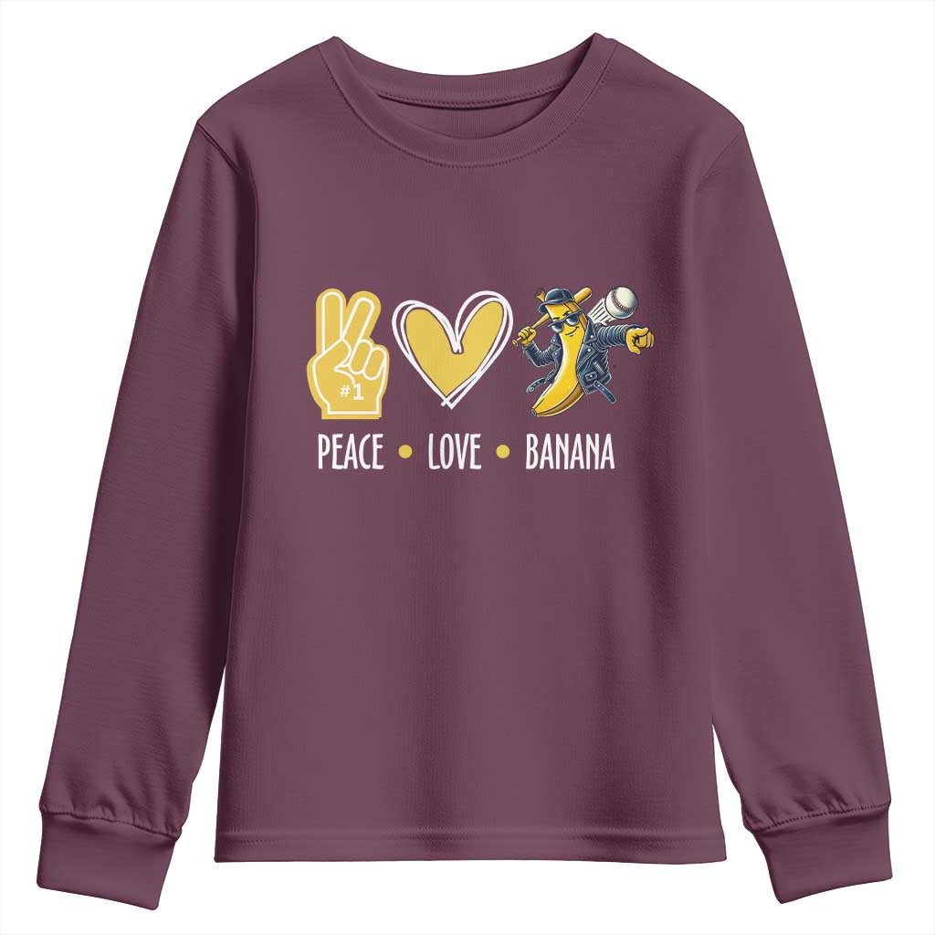 Funny Peace Love Banana Youth Sweatshirt Cute Banana Peace Sign Heart TS11 Maroon Print Your Wear
