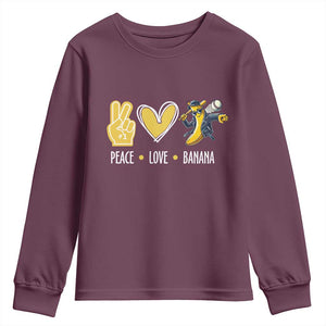 Funny Peace Love Banana Youth Sweatshirt Cute Banana Peace Sign Heart TS11 Maroon Print Your Wear