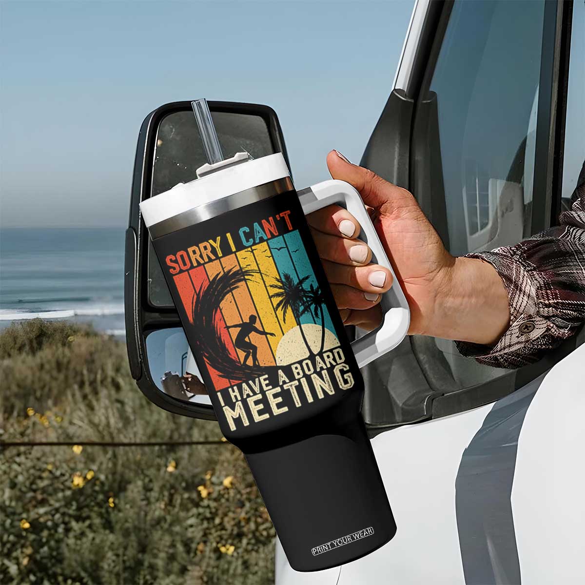 Funny Surfing Lover Tumbler With Handle Sorry I Cant I Have A Board Meeting Surfer TS11 Print Your Wear