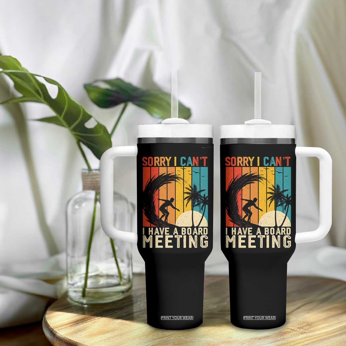Funny Surfing Lover Tumbler With Handle Sorry I Cant I Have A Board Meeting Surfer TS11 Print Your Wear