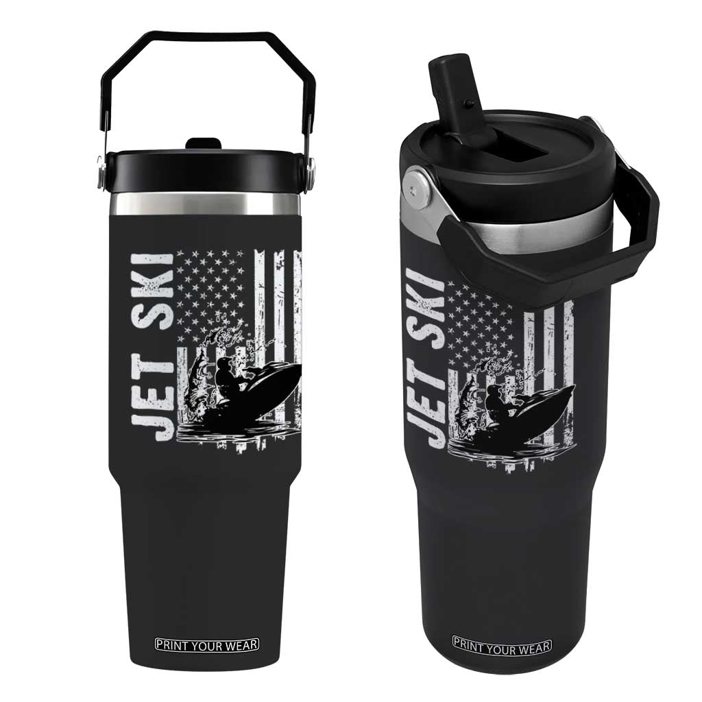 Jet Ski Lover Flip Straw Tumbler Vintage Ski Rider American Flag Water Sport TS11 One Size: 30 oz Black Print Your Wear