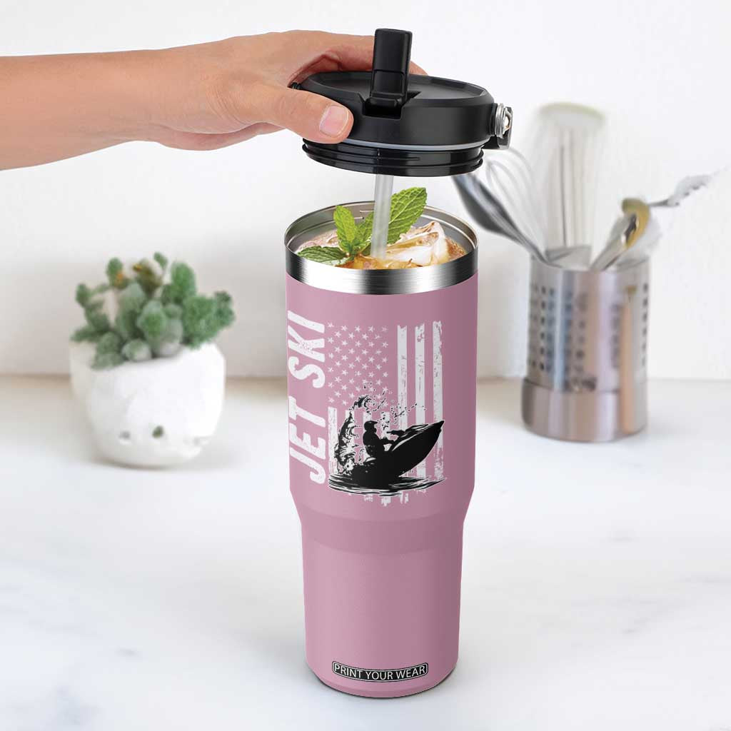 Jet Ski Lover Flip Straw Tumbler Vintage Ski Rider American Flag Water Sport TS11 One Size: 30 oz Light Pink Print Your Wear