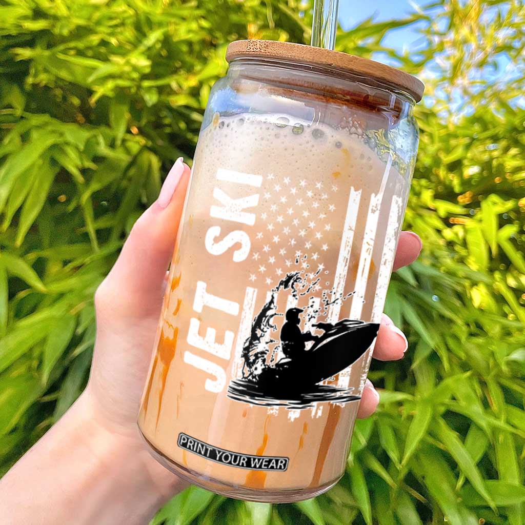 Jet Ski Lover Glass Can Vintage Ski Rider American Flag Water Sport TS11 Black Print Your Wear