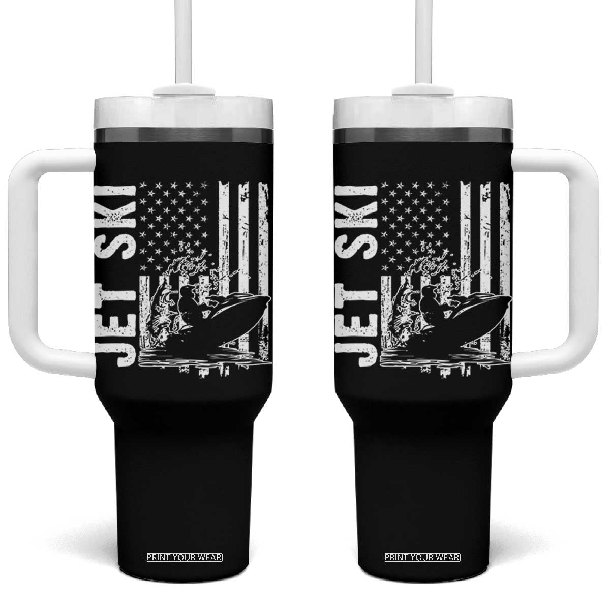 Jet Ski Lover Tumbler With Handle Vintage Ski Rider American Flag Water Sport TS11 One Size: 40 oz Black Print Your Wear